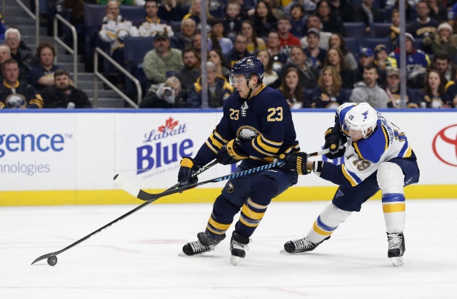 Sam Reinhart of the Buffalo Sabres and Jay Bouwmeester of the St. Louis Blues
