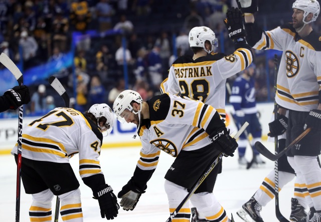 Torey Krug will be re-evaluated in three weeks. Patrice Bergeron took contact in practice.