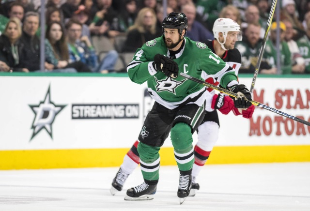 Dallas Stars Jamie Benn leaves early after late hit from Miles Wood.