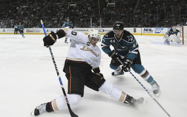 Corey Perry skates with teammates yesterday. Marc-Edouard Vlasic could have played but not worth the risk.