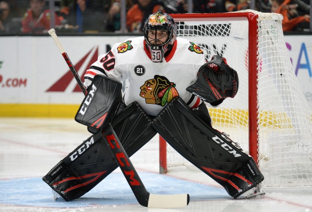 Corey Crawford able to practice for a bit.