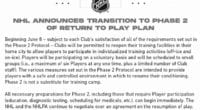 NHL Announces Transition to Phase 2 of Return to Play Plan