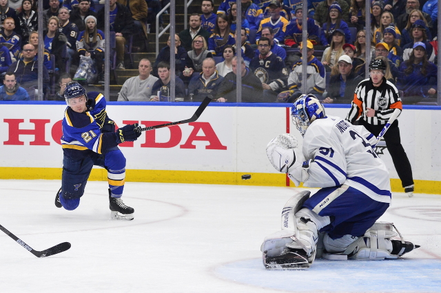 Tyler Bozak of the St. Louis Blues and Frederik Andersen of the Toronto Maple Leafs