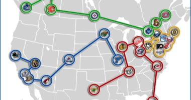 Division names announced and the teams in the division. San Jose Sharks holding camp in Arizona. Fans in the stands in some cities.