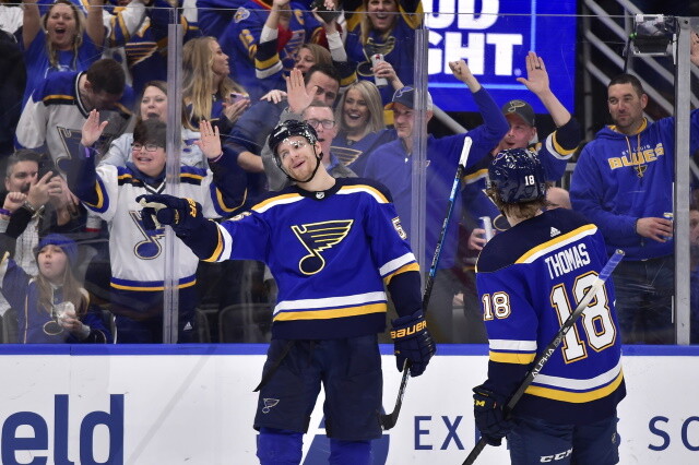 FILE - In this Feb. 2, 2017, file photo, St. Louis Blues' Colton Parayko  celebrates after scoring during the second period of the team's NHL hockey  game against the Toronto Maple Leafs