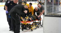 Patrice Bergeron didn't get clearance. Joonas Korpisalo done for the season. Krug out weeks with a hand injury. Brett Howden stretchered off.