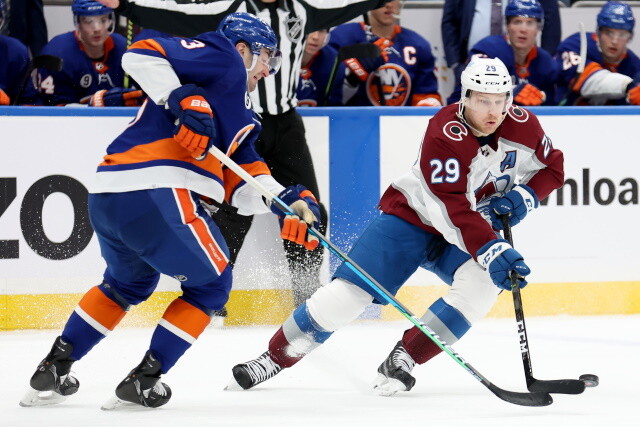 Nathan MacKinnon is out at least four weeks. Gabriel Landeskog skating. Brendan Gallagher is out two weeks. Adam Pelech leaves early.