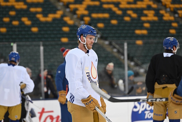 Connor McDavid likely good to play in the Heritage Classic. Nico Hischier out with an UBI. Timothy Liljegren leaves with an injury.