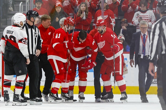 Scary incident with Dylan Larkin. Charlie McAvoy out. High ankle sprain for Joseph Woll. Jacob Markstrom on the IR.