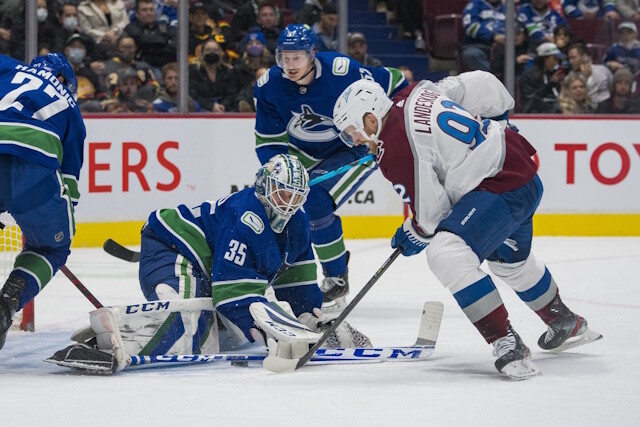 Gabriel Landeskog could return during the playoffs. Thomas Hertl will start skating in a couple weeks. Thatcher Demko out with a knee injury.